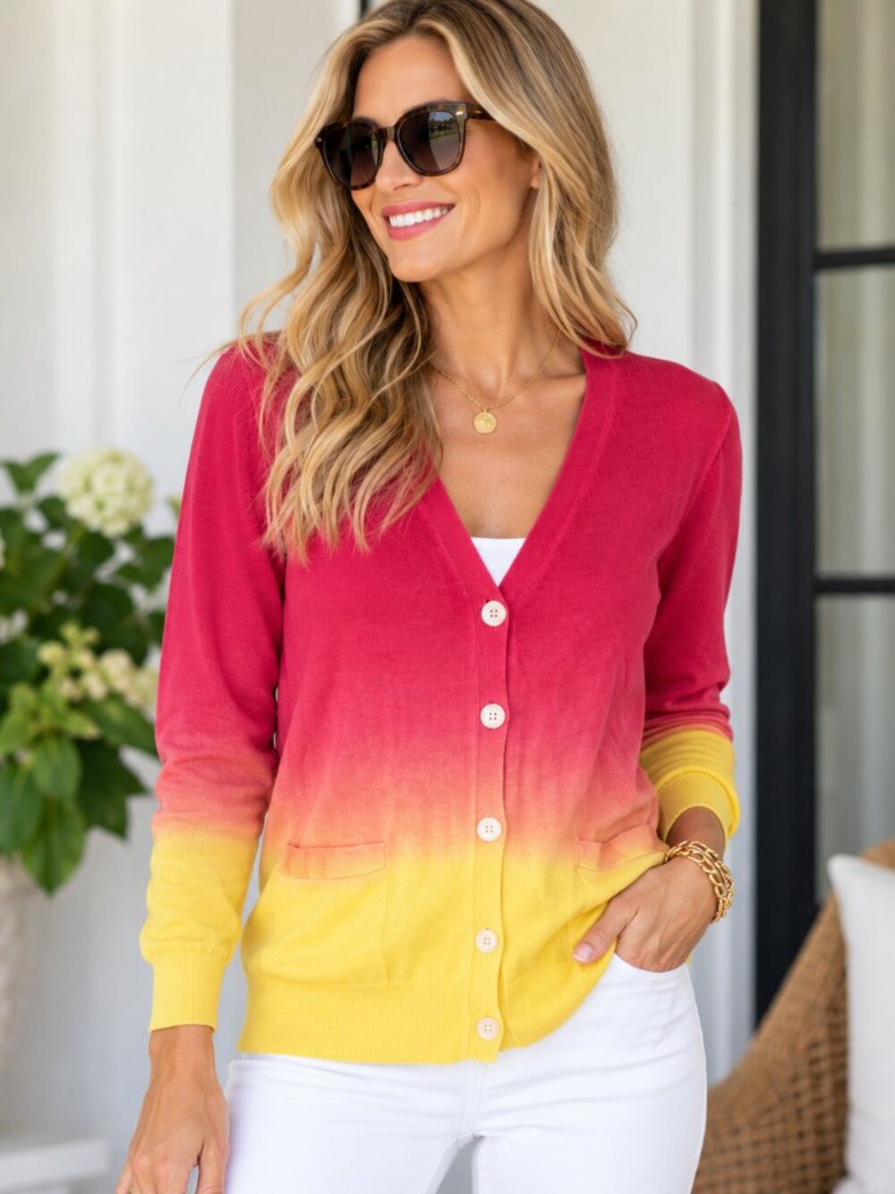 Lauren Ralph Lauren Cardigan Womens L Ombre Pink Yellow Button Front Sweater